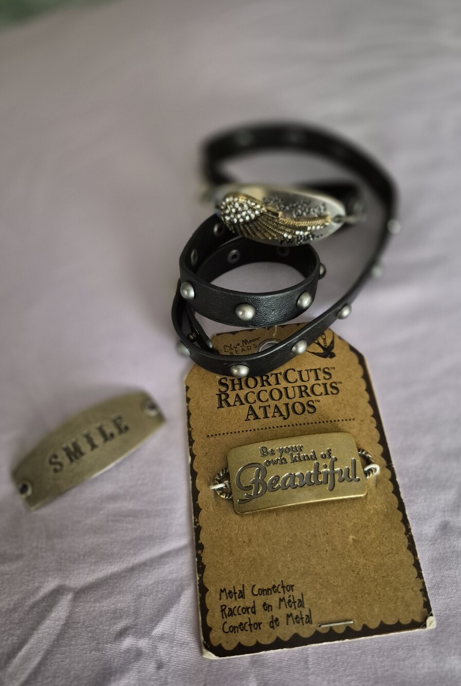 Black Studded Boho Blue Moon Wrap w 3 Connector Charms Bracelet